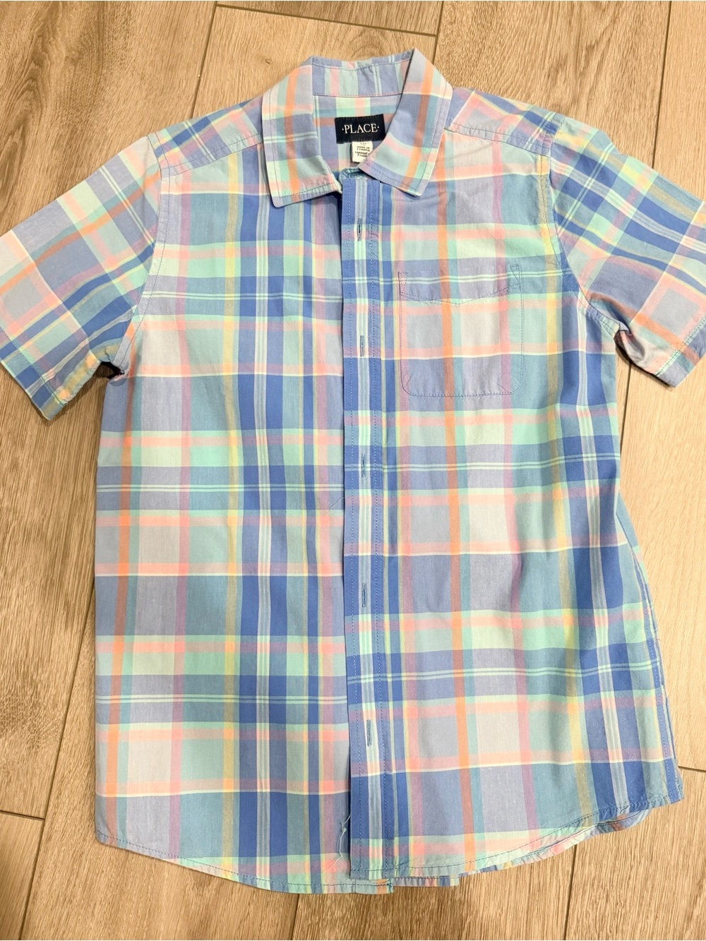 Place Pastel Plaid Short-Sleeve Button-Down Shirt - Blue, Mint, Peach